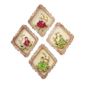 Lot of 4 Vintage Ceramic Lady and Gentleman Green/Red Outfits Wall Hangings